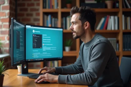 Homme comparant deux plateformes vidéo Crowdbunker et YouTube sur un écran d'ordinateur dans un bureau moderne