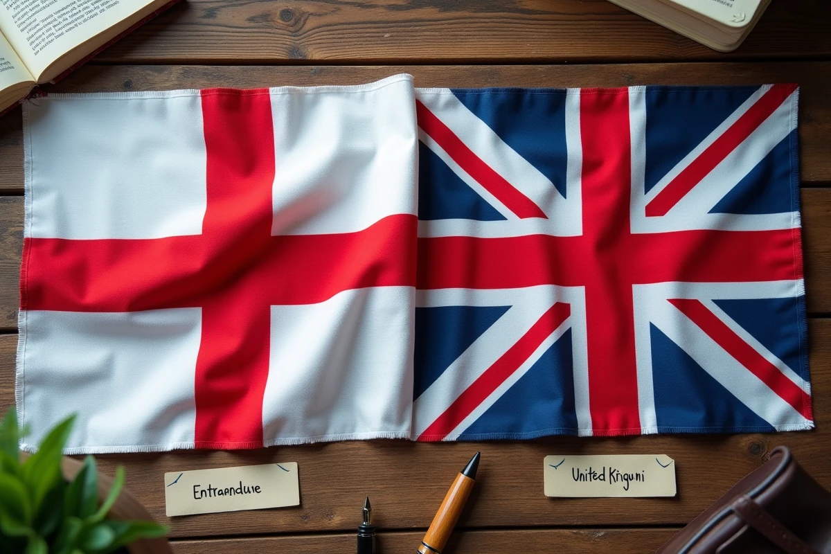 Gros plan comparatif du drapeau anglais croix de Saint-Georges et du drapeau du Royaume-Uni Union Jack posés sur une table en bois