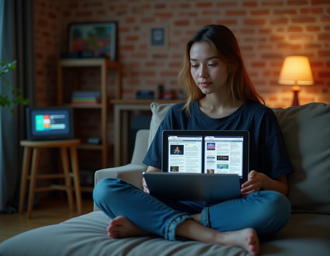 Jeune femme comparant deux sites d'archives JVC sur un laptop dans un salon avec décoration gaming rétro