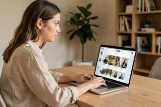 Jeune femme comparant des sites de rencontres comme Tarenoi sur son ordinateur portable dans un bureau à domicile moderne