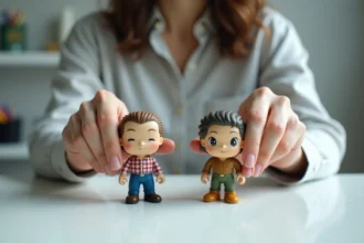 Comparaison entre un vrai Labubu et une contrefaçon tenue dans les mains, détails de peinture visibles