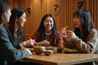 Trois amis du signe du Tigre 1998 partageant un repas dans un restaurant asiatique chaleureux, symbolisant la compatibilité amicale