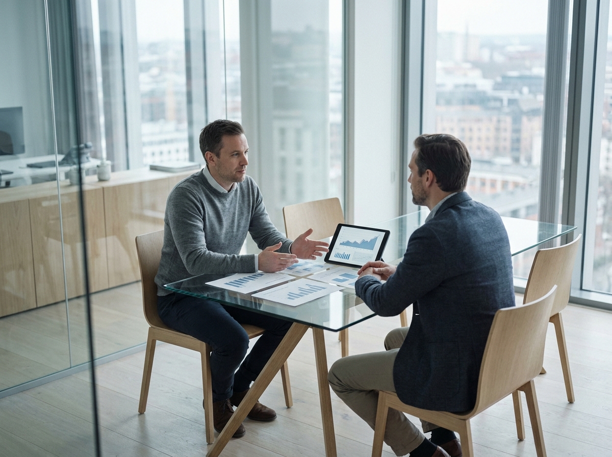 Consultant en portage salarial discutant d'un contrat avec un client dans une salle de réunion moderne