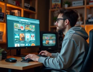 Homme consultant une archive de l'ancien site JVC sur un écran d'ordinateur dans un bureau rétro entouré de jeux vidéo vintage