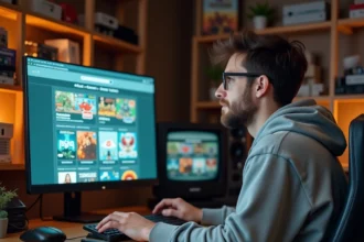 Homme consultant une archive de l'ancien site JVC sur un écran d'ordinateur dans un bureau rétro entouré de jeux vidéo vintage
