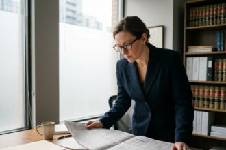Femme professionnelle consultant un journal d'annonces légales dans un bureau moderne