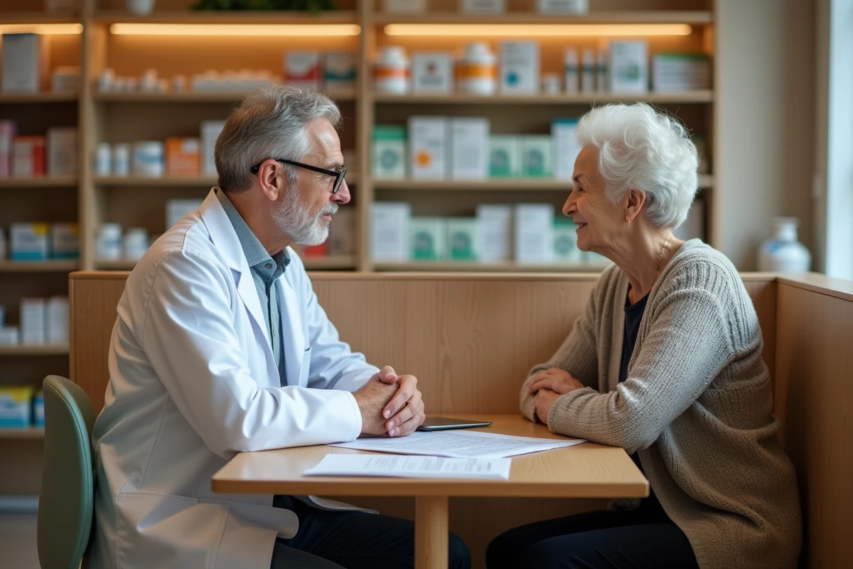 Pharmacien expérimenté en consultation personnalisée avec une patiente âgée dans un espace dédié