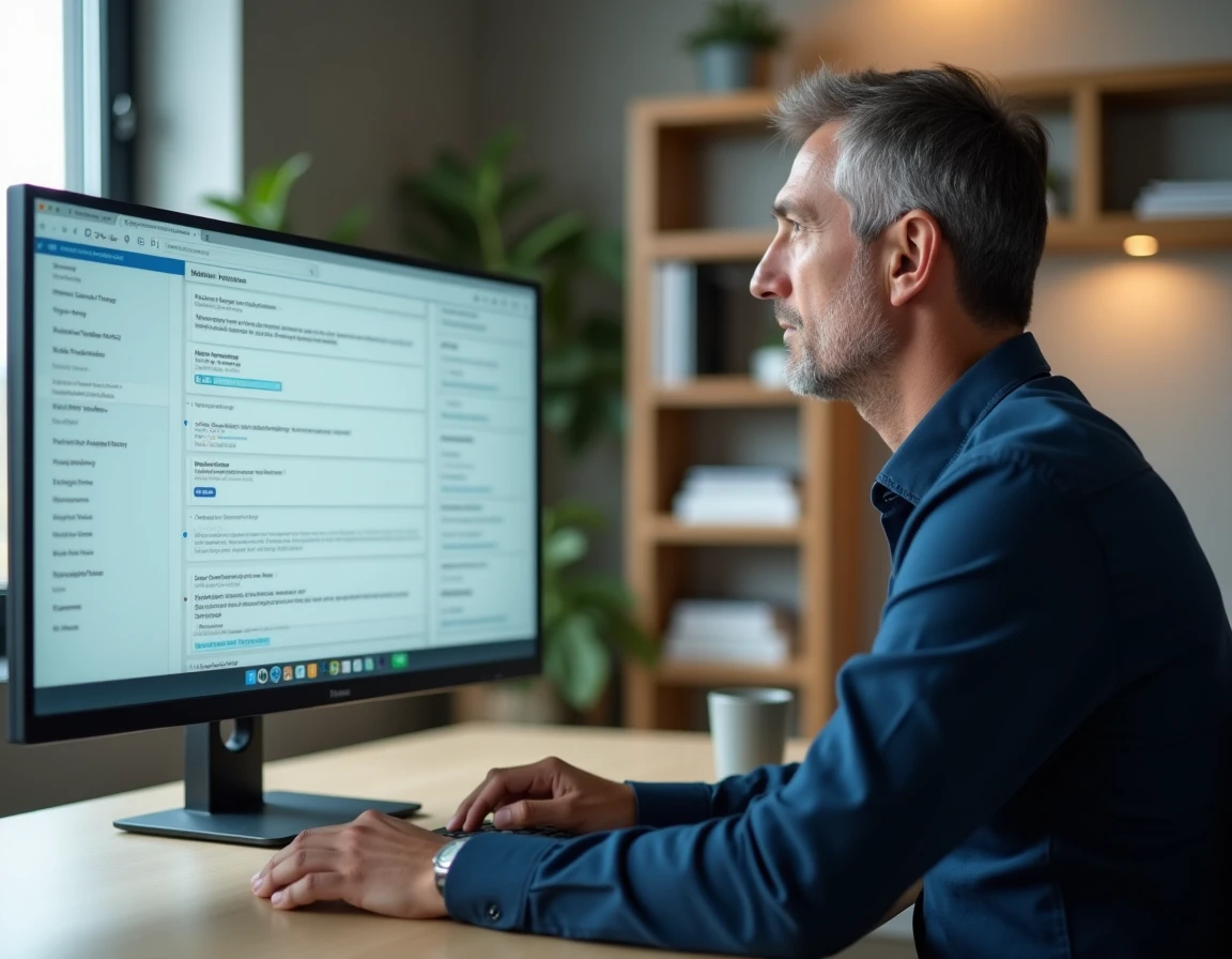 Homme en télétravail consultant des réponses verbatim de questionnaires clients sur écran d'ordinateur