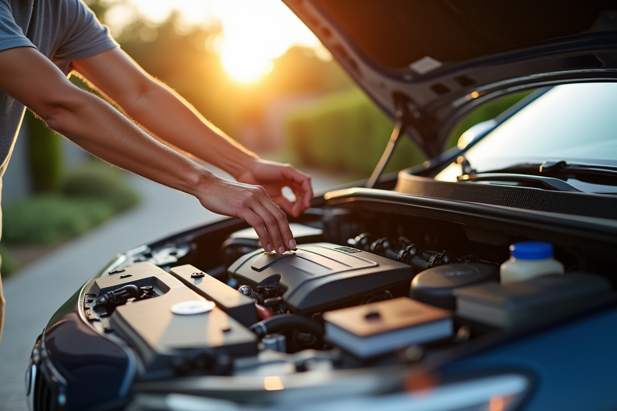 Personne vérifiant le niveau d'huile d'une voiture propre en plein jour