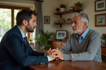 Jeune homme en costume parle avec un homme plus âgé