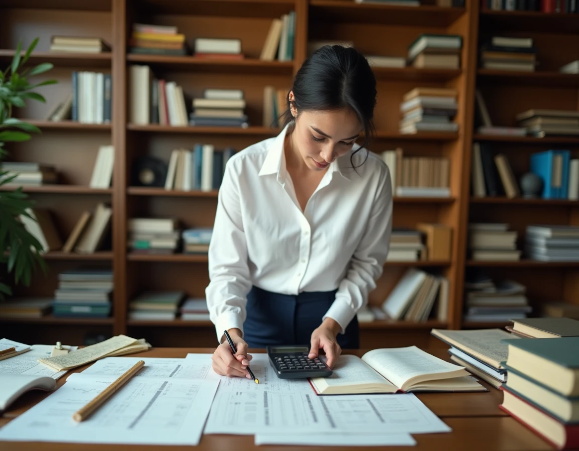 Géographe calculant la conversion d'hectares en kilomètres carrés sur un bureau d'université