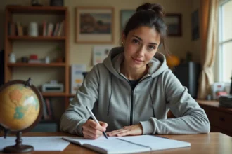 Femme écrivant une conversion de km/h en mph dans un carnet sur un bureau en bois