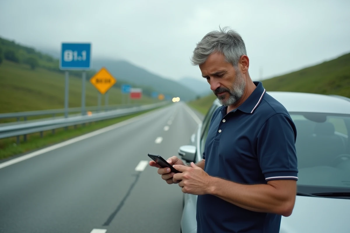 Homme consultant une application de conversion de vitesse km/h en mph au bord d'une route européenne