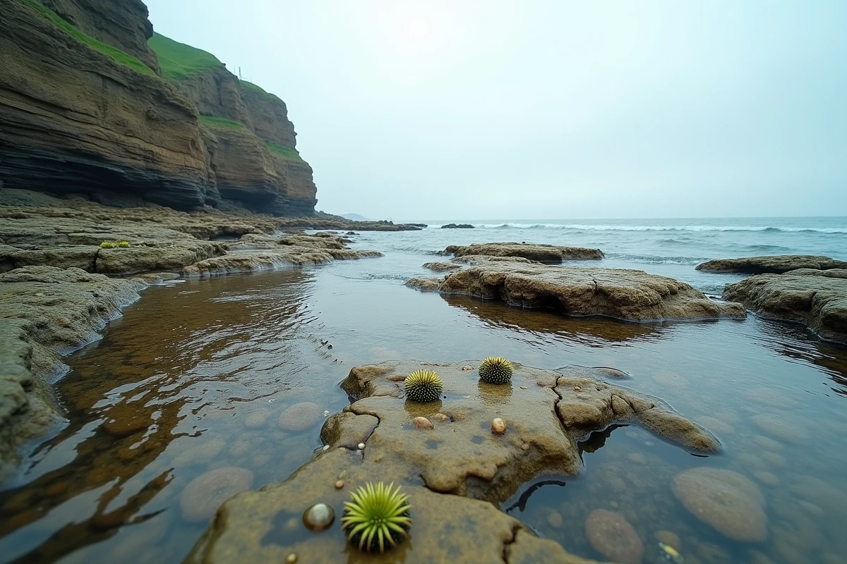 Côte rocheuse à marée basse révélant des ressources naturelles marines et littorales