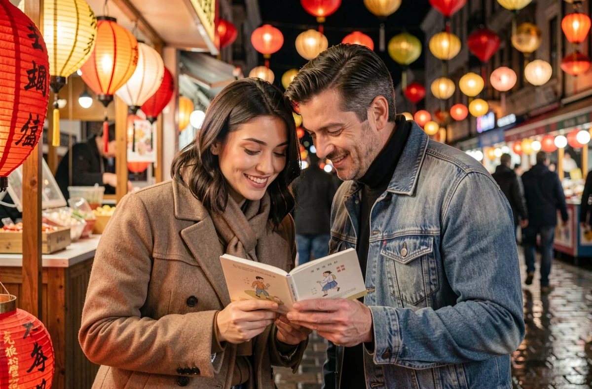 Couple lisant un guide de compatibilité astrologique chinoise dans un marché traditionnel décoré de lanternes rouges