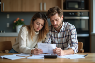 Couple discutant de factures dans la cuisine moderne