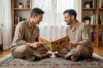 Couple découvrant leur compatibilité astrologique chinoise avec un livre des signes du zodiaque posé entre eux sur un parquet en bois