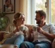 Couple souriant partageant un café dans un salon chaleureux