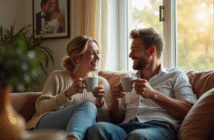 Couple souriant partageant un café dans un salon chaleureux