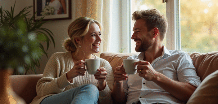 Couple souriant partageant un café dans un salon chaleureux