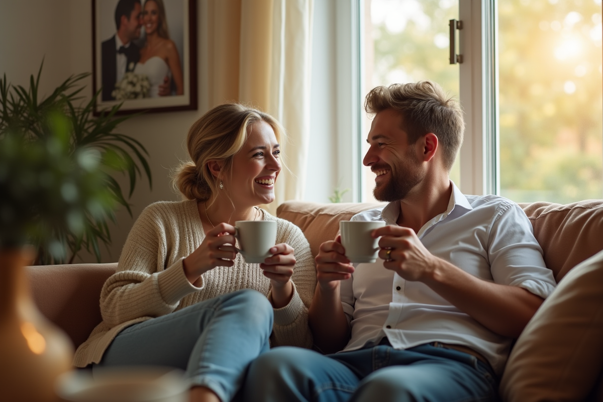 Couple souriant partageant un café dans un salon chaleureux