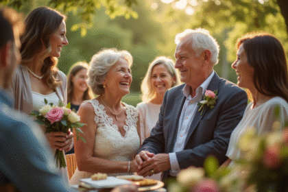 Couple agee heureux lors d un mariage en plein air