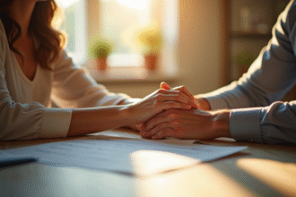 Couple marié tenant la main sur une table ensoleillée