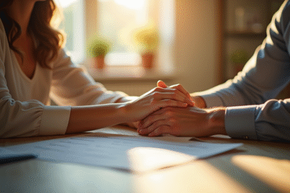 Couple marié tenant la main sur une table ensoleillée
