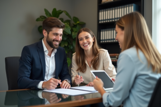 Jeune couple avec notaire dans un bureau moderne