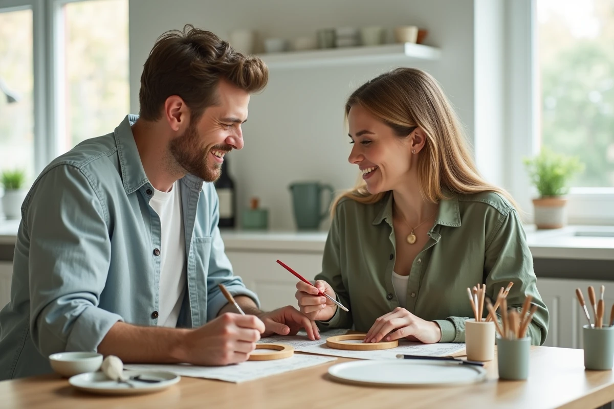 Couple peignant des cadres en bois ensemble dans une cuisine scandinave lumineuse
