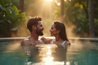 Couple romantique relaxant en spa extérieur au printemps