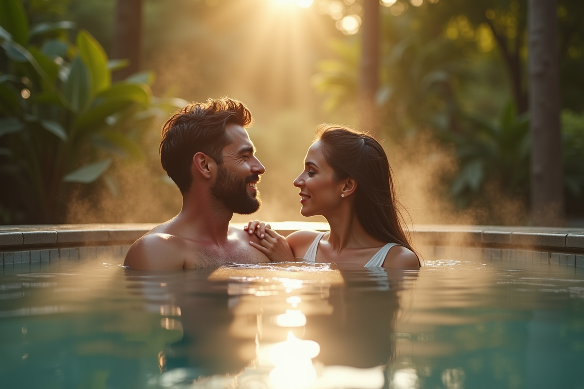 Couple romantique relaxant en spa extérieur au printemps