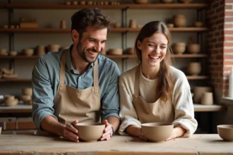 Couple d'adultes faisant de la poterie ensemble dans un atelier artisanal rustique
