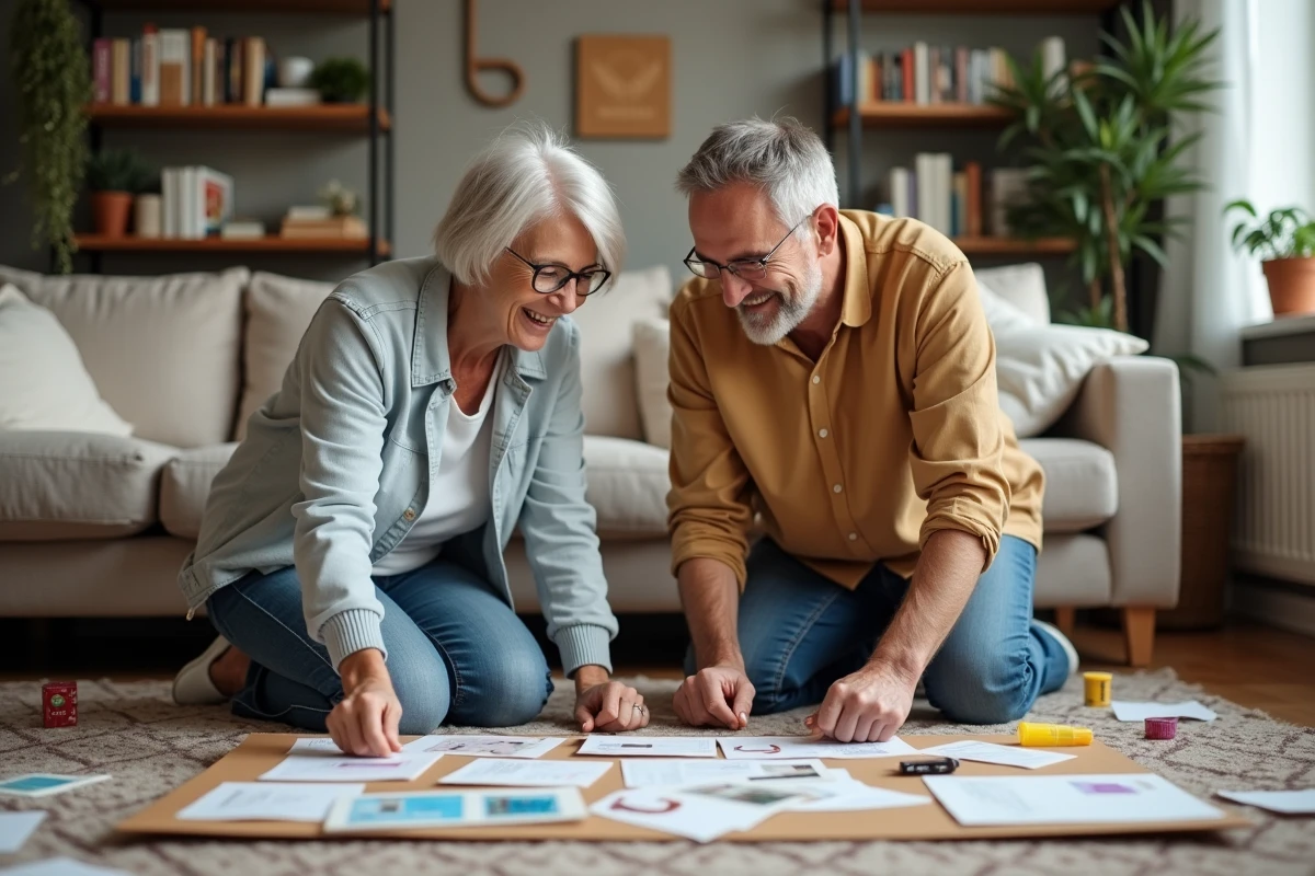 Couple d'adultes créant un vision board en papier collage dans un salon cosy