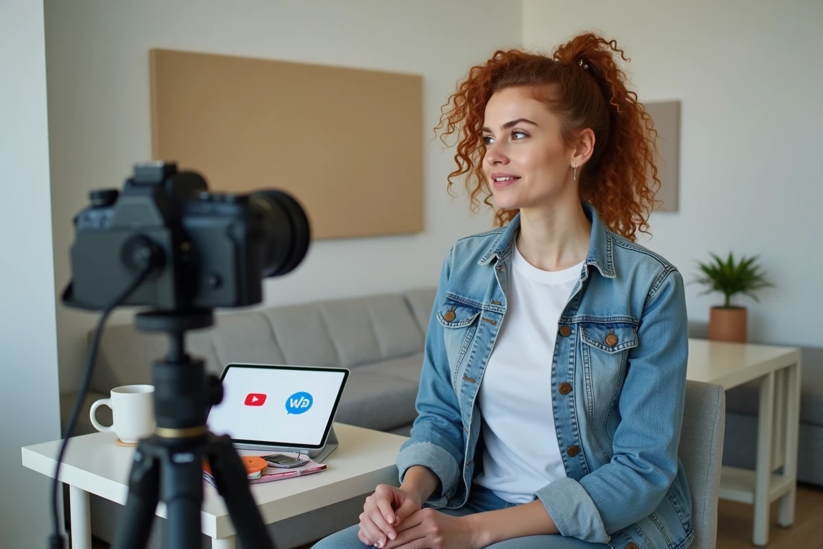Créatrice de contenu filmant une vidéo dans un studio maison en réfléchissant au choix entre Crowdbunker et YouTube