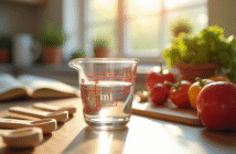 Plan de cuisine avec verre doseur de 100 ml et autres instruments en centilitres