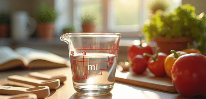 Plan de cuisine avec verre doseur de 100 ml et autres instruments en centilitres