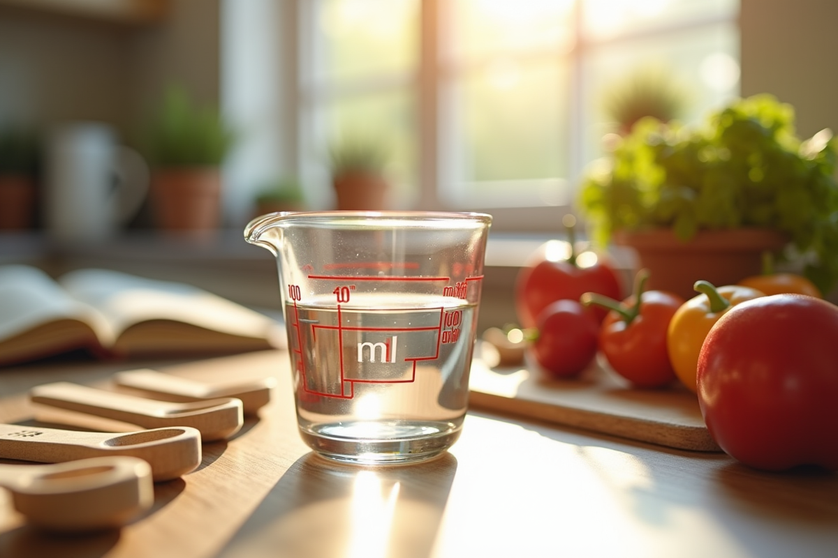 Plan de cuisine avec verre doseur de 100 ml et autres instruments en centilitres