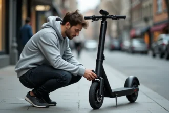 Homme accroupi qui connecte un outil de diagnostic à une trottinette électrique noire sur un trottoir urbain