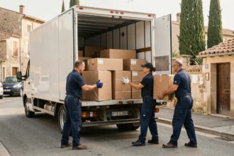 Équipe de déménageurs professionnels chargeant un camion dans une rue provençale typique du Vaucluse
