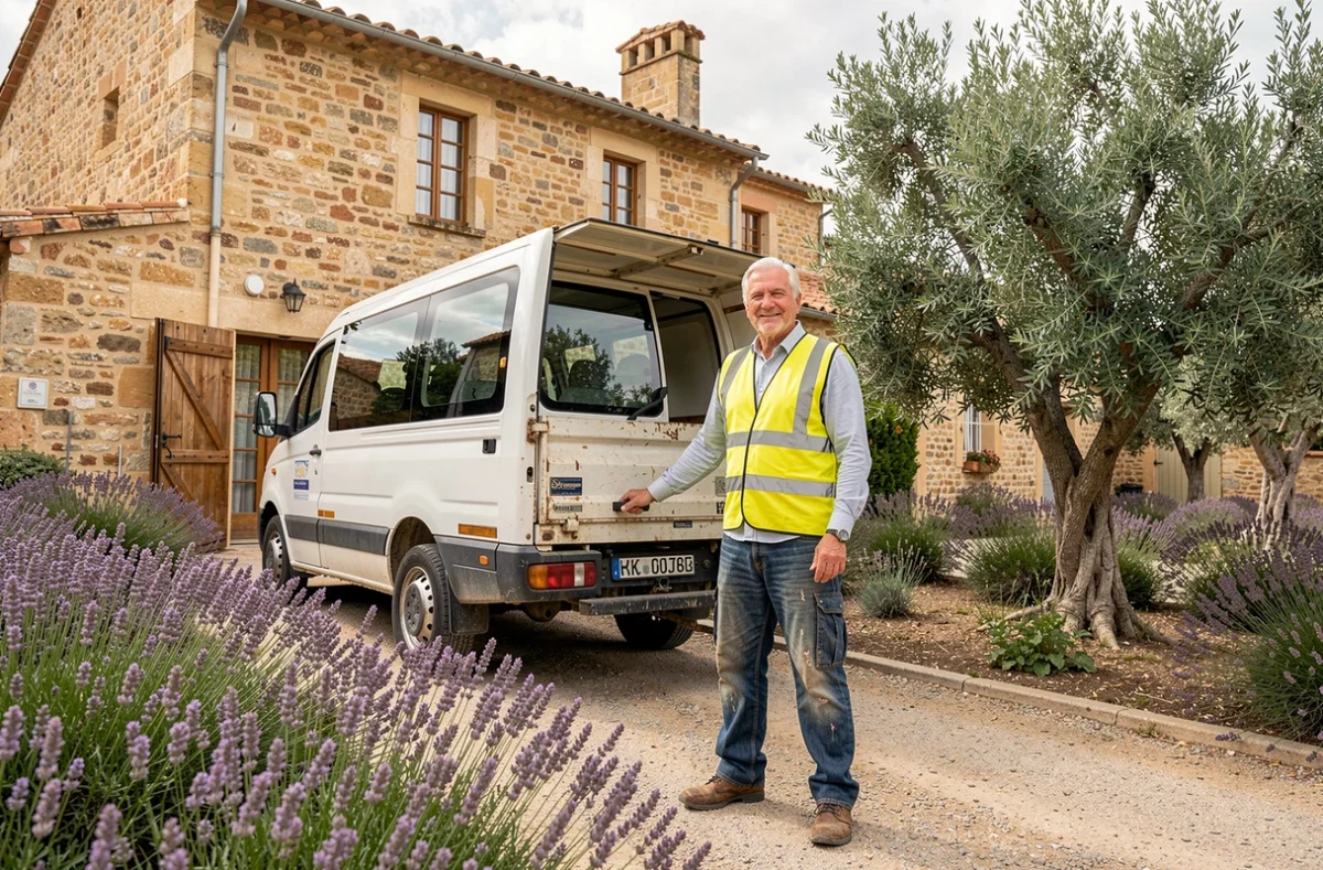Chef d'équipe des Déménagements Alfonsi guidant un camion devant une maison en pierre provençale