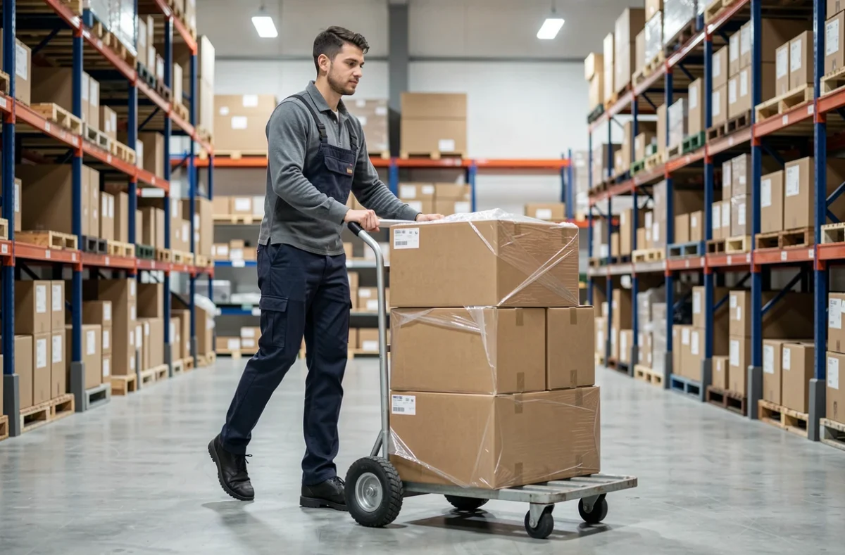Déménageur des Déménagements Davin transportant des cartons avec un diable dans un entrepôt