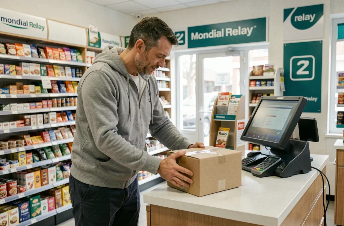Homme déposant un colis dans un point relais Mondial Relay en magasin de proximité