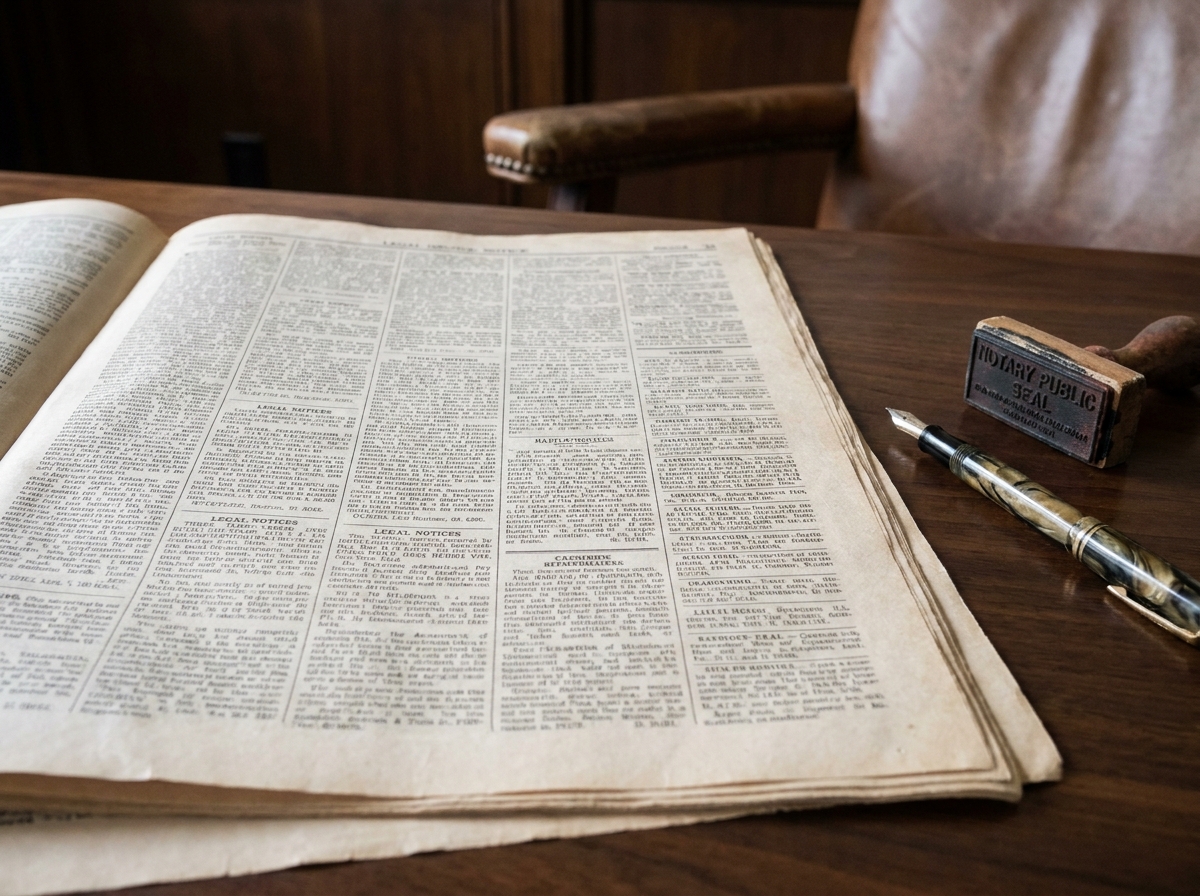 Gros plan sur des colonnes d'annonces légales dans un journal papier posé sur un bureau de notaire
