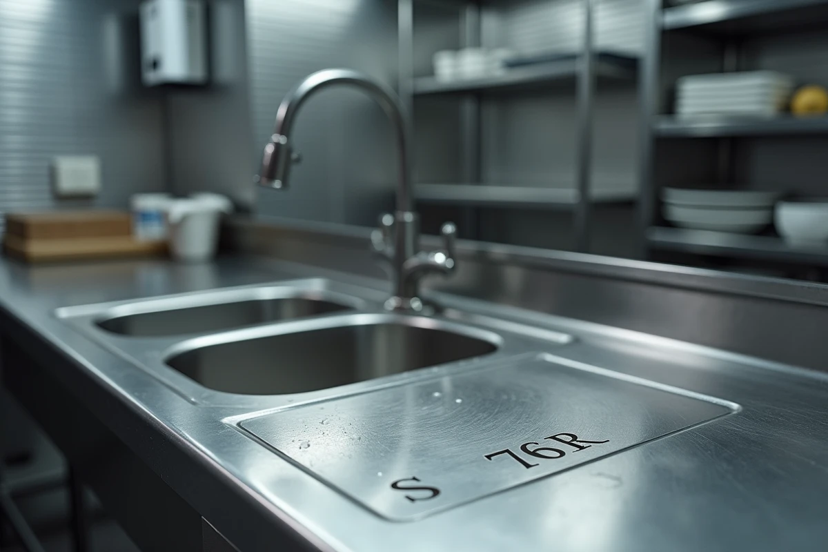 Détail d'un évier en inox 316L avec marquage de grade et soudures visibles conforme aux normes alimentaires