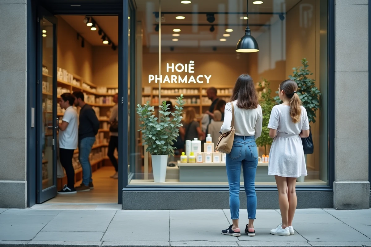 Devanture moderne d'une pharmacie urbaine attractive avec vitrine soignée attirant des passantes