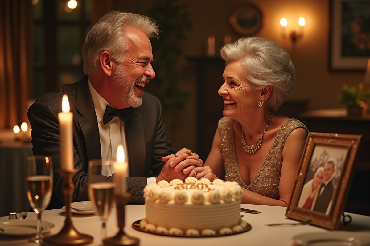 Couple agee riant lors d un diner d anniversaire intime