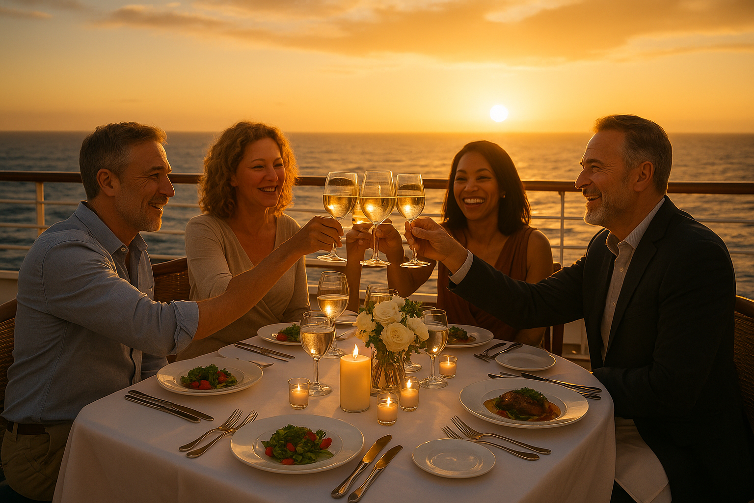 Repas convivial sur le pont du bateau au coucher du soleil