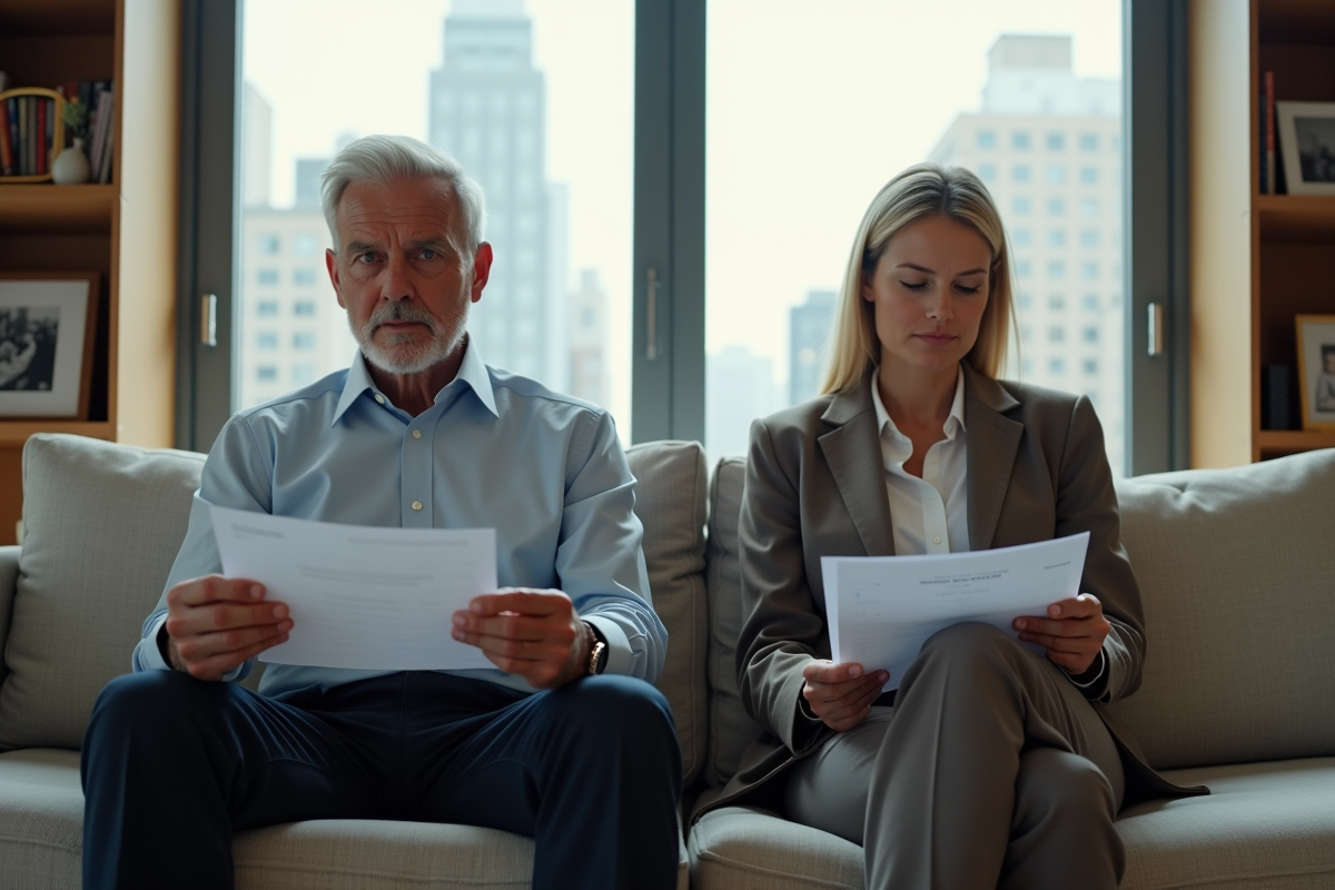 Couple séparé sur le canapé avec factures en main