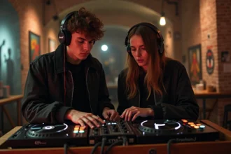 Deux jeunes DJs mixant dans un club techno parisien
